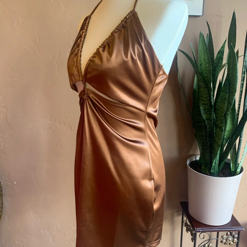 NWT Brown Shiny Body Control Halter Cocktail Mini Dress - Picture 10 of 11